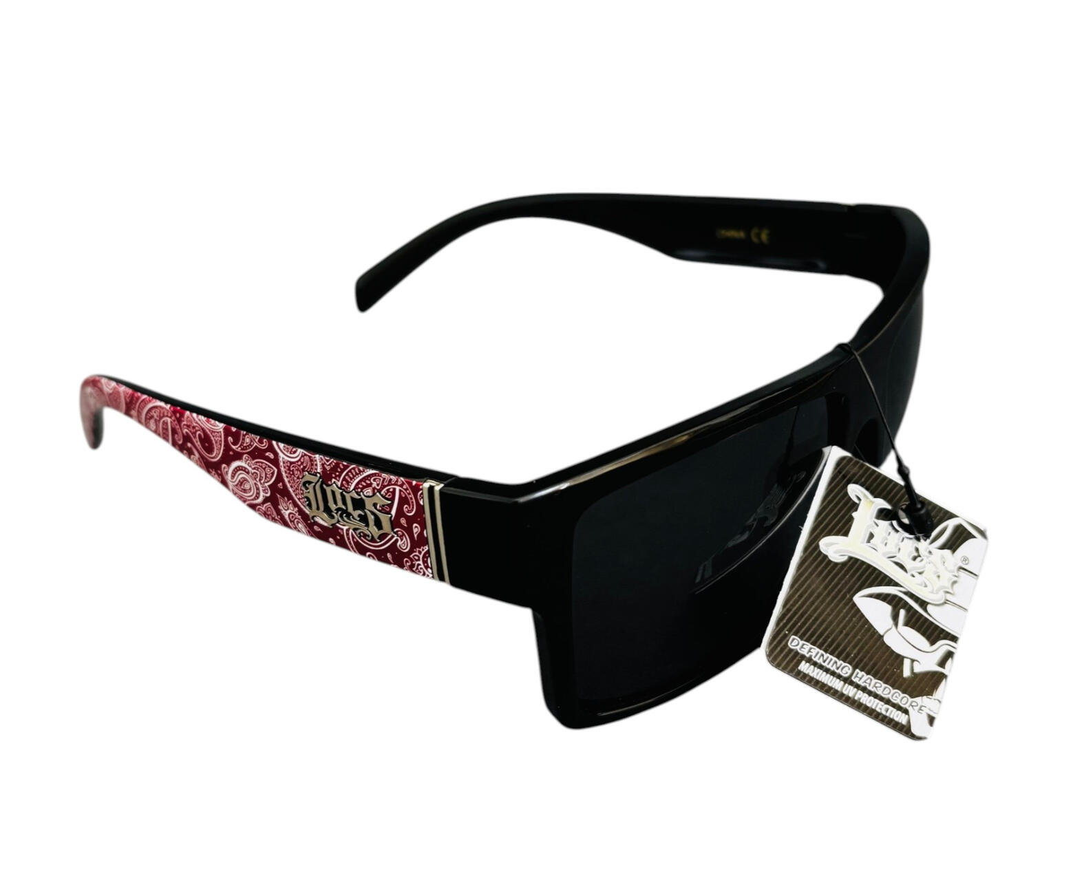 Lunettes de soleil Locs noires avec motif bandana rouge sur les branches larges style West Coast lowrider skate biker