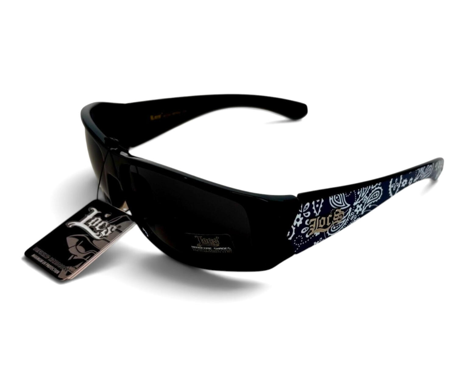 Lunettes de soleil Locs noires wraparound avec imprime bandana bleu sur les branches style streetwear