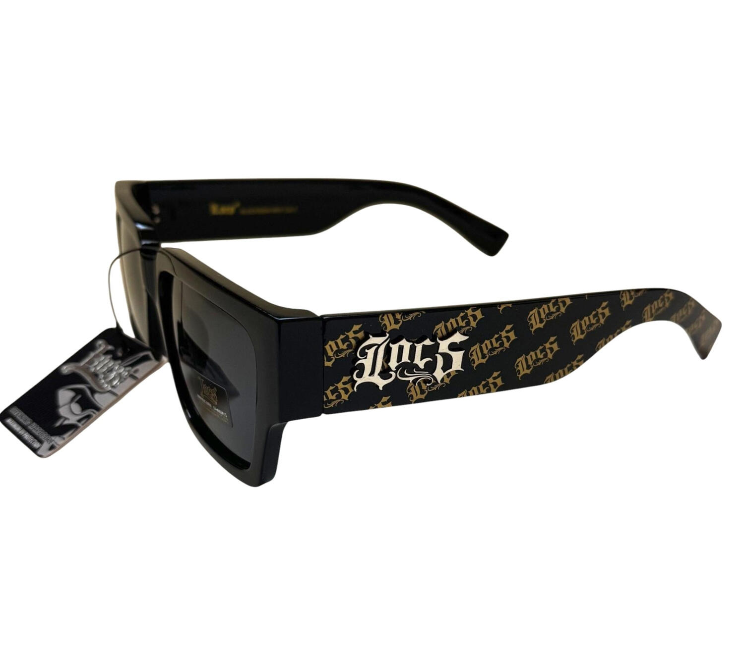 Lunettes de soleil Locs noires avec inscriptions et détails dorés sur les branches style gangsta skate biker