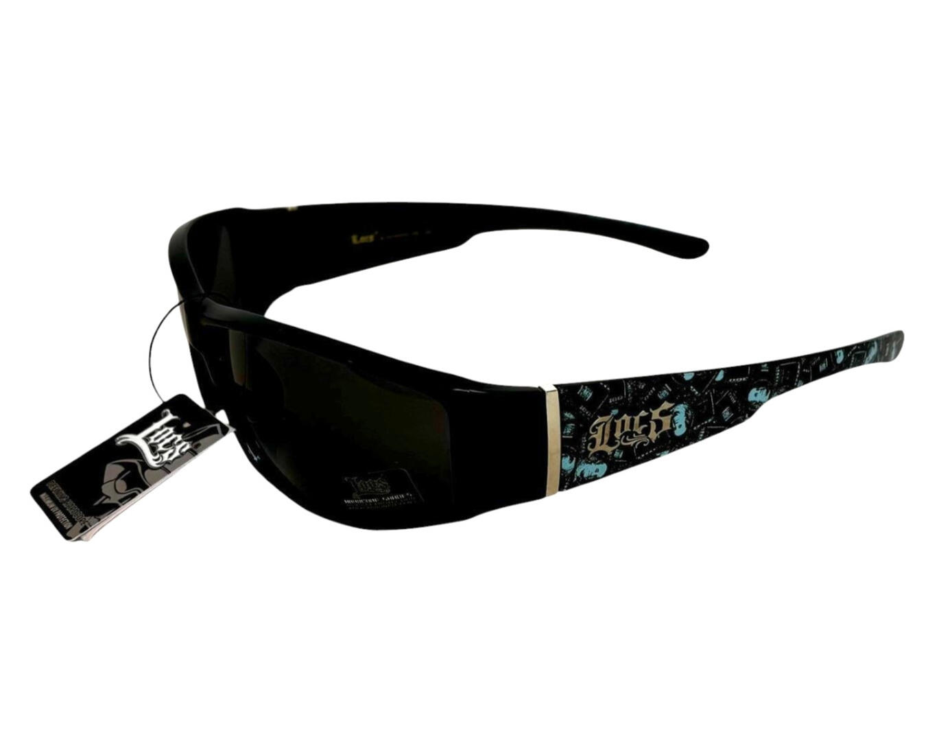 Lunettes de soleil Locs noires avec motifs graphiques bleus et argentés sur les branches style West Coast
